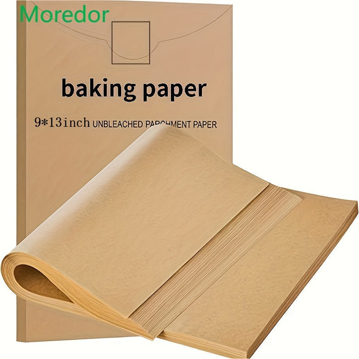 HOJAS DE HORNEAR NO ADHERENTES MOREDOR - 22.86x33.02 cm, Papel para Hornear Grande, Apto para Mitad de Hoja y Galletas - Pergamino para Horno, Parrilla, Freidora de Aire (50/100/200 unidades), Material Sin Blanquear, Esenciales para Asar