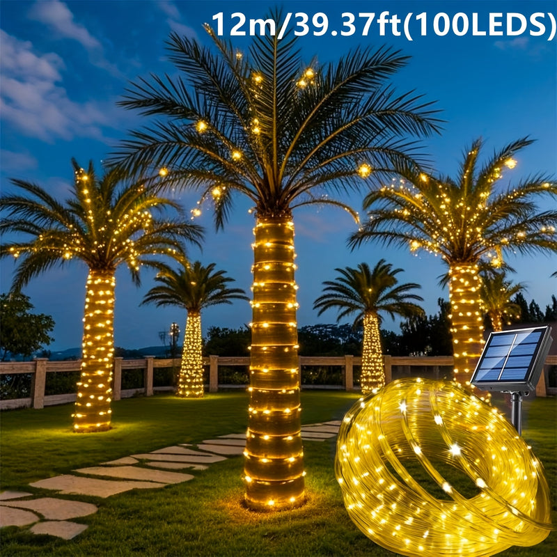 Luces solares LED para exteriores, 50/100/200 LED, luces de cuerda, luces de cinta, luces de tubo solar LED, 8 modos, tubo delgado transparente, luces de hadas, ideales para decoración de campamentos, fiestas, bodas, cercas, jardines, trampolines, carpas