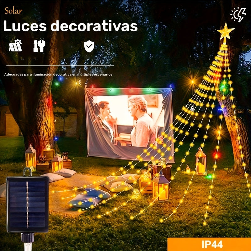 Luces de cadena con cascada de estrellas, 1 unidad, energía solar, 8 modos, ≤36V, plástico PPSU, batería de litio, para jardín, ventana, cortina, patio, árbol de Navidad, fiesta, hogar, boda, decoración navideña