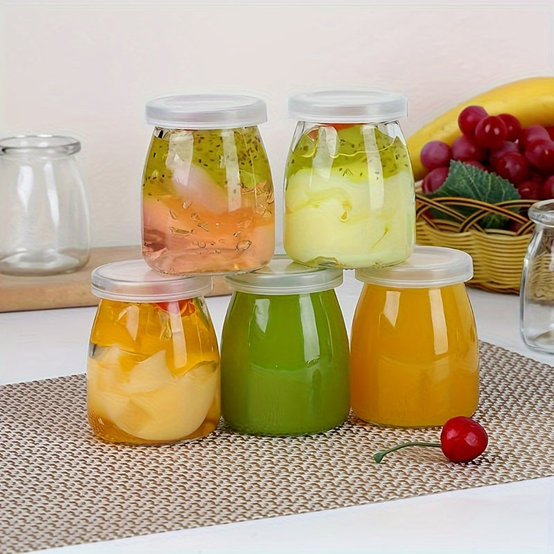 10pcs Tarros de Vidrio Transparentes de 4oz con Tapas de PE - Perfectos para Yogur, Pudín, Leche, Mermelada, Gelatina, Mousse y Miel - Contenedores Redondos Reutilizables para Almacenamiento en la Cocina del Hogar