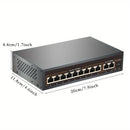 Conmutador PoE de 9 Puertos, Incluye 9 Puertos PoE y 2 Enlaces Upstream, PoE 100Mbps, IEEE802.3af/at, Fuente de Alimentación Interna de 120W, Función VLAN, Extensión de 250 Metros, Plug and Play, Metal sin Ventilador