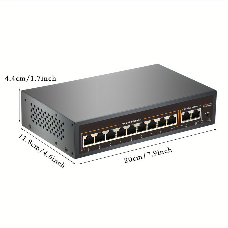 Conmutador PoE de 9 Puertos, Incluye 9 Puertos PoE y 2 Enlaces Upstream, PoE 100Mbps, IEEE802.3af/at, Fuente de Alimentación Interna de 120W, Función VLAN, Extensión de 250 Metros, Plug and Play, Metal sin Ventilador