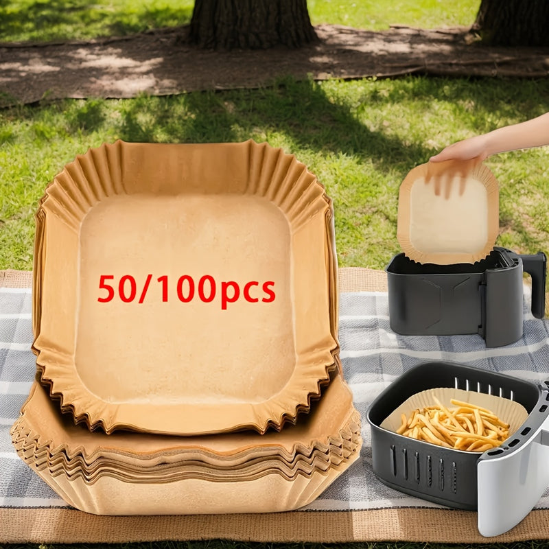 50/100pcs Juego de Revestimientos para Freidora de Aire, Revestimientos Cuadrados para Camping al Aire Libre Compatible con 2-8QT, Papel Antiadherente Fácil de Limpiar, Bandejas de Papel para Hornear, Boles de Pergamino, Accesorios de Cocina - Esencial p