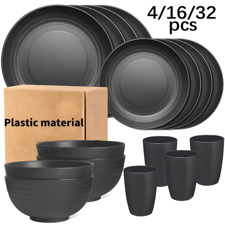 Juego de vajilla de plástico de 4/16/32 piezas para cocina, incluye platos para comida, platos para postre, tazones y tazas, ideal para uso en casa y restaurante, vajilla irrompible para viajes, camping y fiestas al aire libre