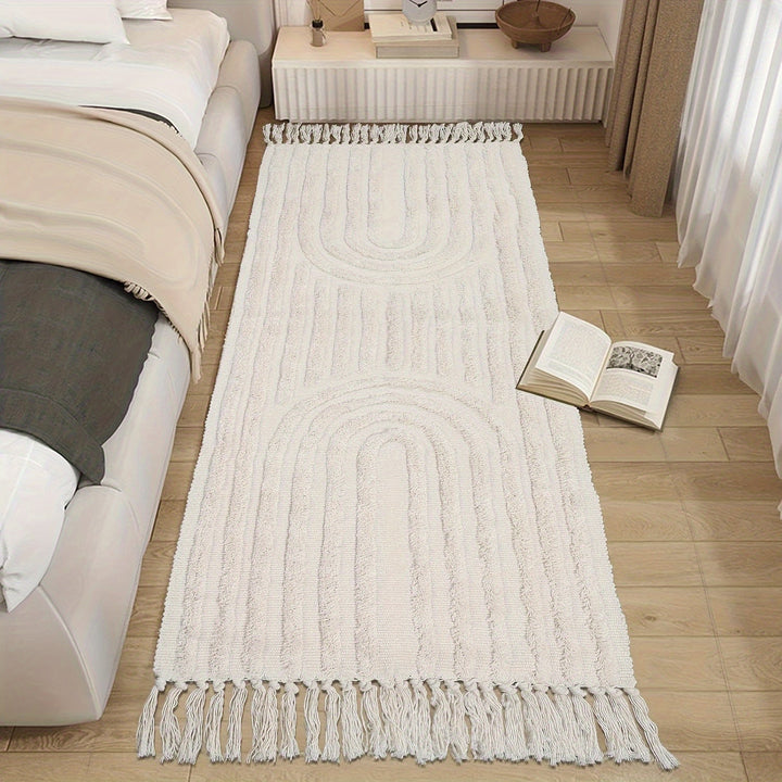 Alfombra de área con diseño bohemio de arcoíris y flecos - Lavable a máquina, antideslizante, tapete de poliéster ideal para sala, entrada, dormitorio - Alfombra geométrica para interior/exterior, cocina, pasillo, porche, lavandería