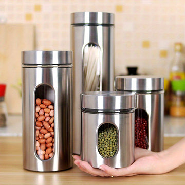 Tarros Herméticos de Acero Inoxidable con Tapas de Vidrio - Contenedores Multiusos para Granos, Té y Organización del Despensa, Reutilizables y Solo Lavado a Mano