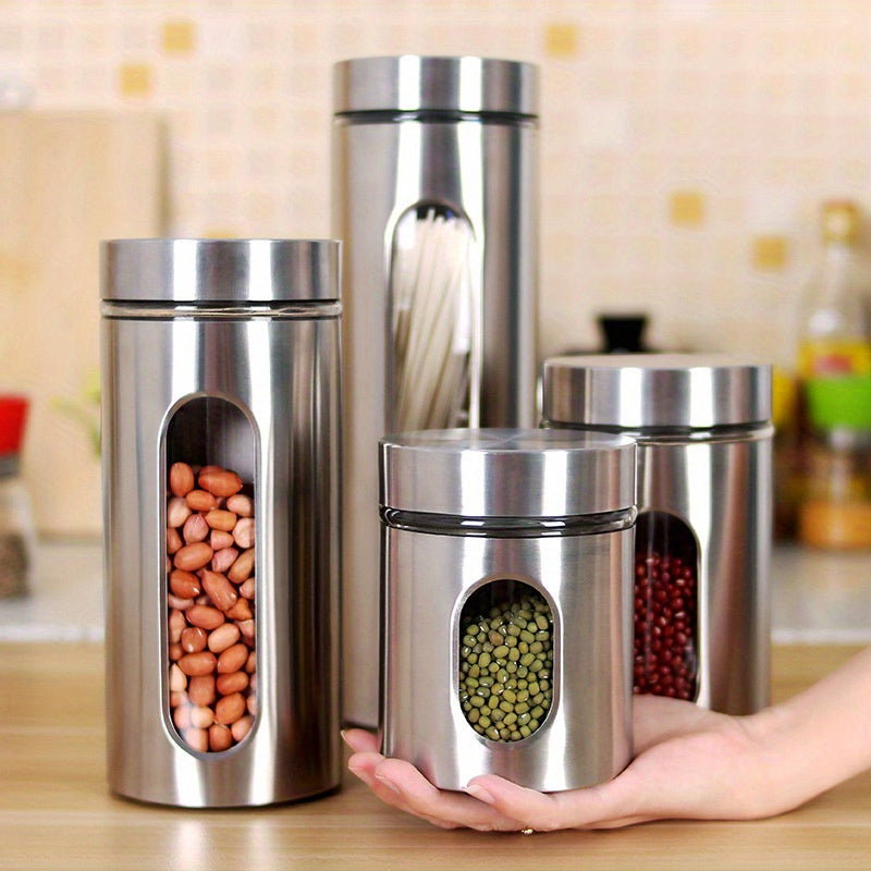 Tarros Herméticos de Acero Inoxidable con Tapas de Vidrio - Contenedores Multiusos para Granos, Té y Organización del Despensa, Reutilizables y Solo Lavado a Mano