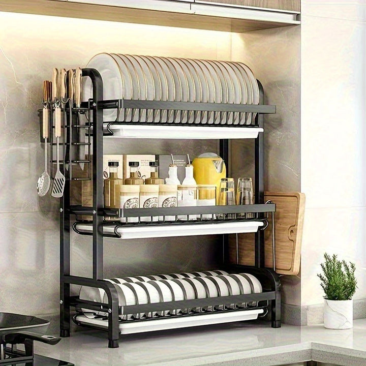 Organizador multifuncional de utensilios metálico, escurridor de platos de dos o tres niveles con soporte para palillos y tabla de cortar, accesorio de cocina de gran capacidad para encimeras, disponible en 2 modelos, color