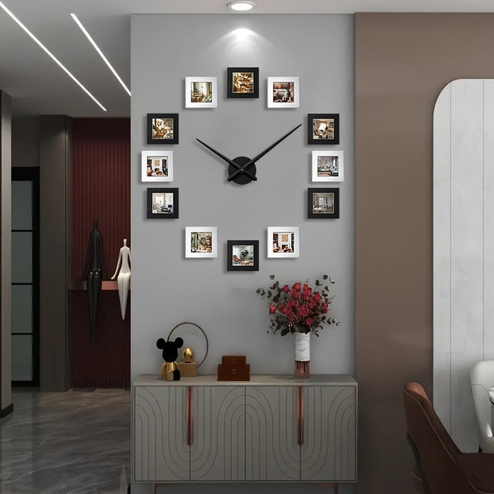 Reloj de Pared Personalizable Negro y Plateado con Álbum de Fotos - Capacidad para 12 Fotos, Funcionamiento Silencioso, Perfecto para Sala de Estar, Decoración de Dormitorio y Ocasiones Especiales, Forma Irregular