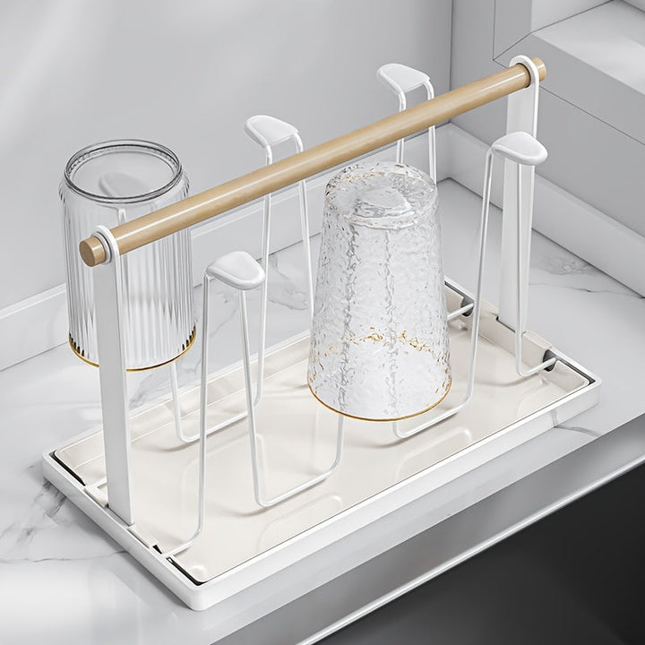 Estante de secado de tazas con mango de madera, soporte de tazas de metal con 6 bandejas de drenaje desmontables, diseño de hierro duradero, recubrimiento anticorrosivo, estante de secado de platos para encimera de cocina.