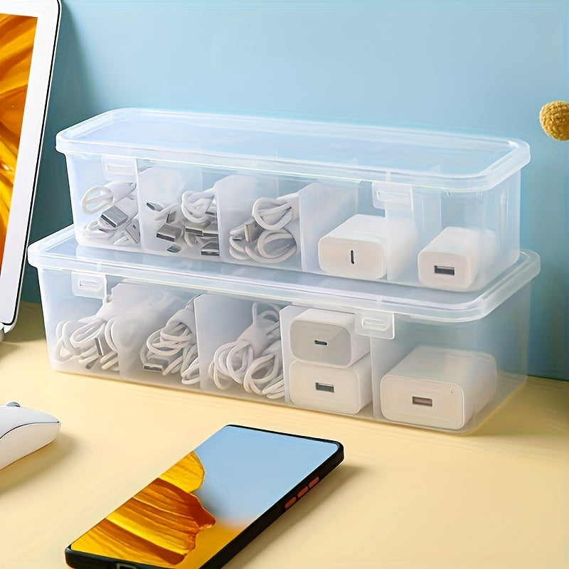 Caja de gestión de cables de gran capacidad con 5 compartimentos y tapa - Solución de almacenamiento de escritorio que ahorra espacio para uso en la oficina y en casa, plástico duradero, perfecta para organizar cables y cargadores, gestión de cables en c