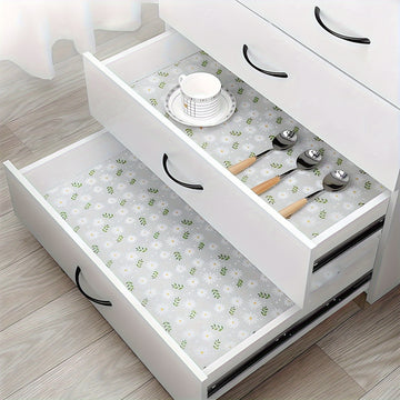 1 Rollo de Forro Impermeable para Cajones, Patrón de Hoja Verde Crisantemo Pequeño para Armarios y Encimeras de Cocina - Papel Especial para Zapateros, Alfombrilla EVA Antivaho para Nevera, Armario - Antideslizante y Cortable, Uso Múltiple en Varios Esce