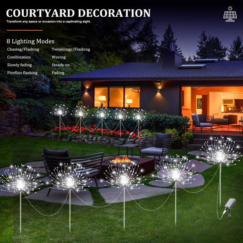 5 luces solares de fuegos artificiales para decoración exterior - 8 modos de iluminación, luces LED para San Valentín, Ramadán, Navidad, Halloween, bodas y fiestas en el jardín, perfectas para ambiente festivo, luces solares colgantes