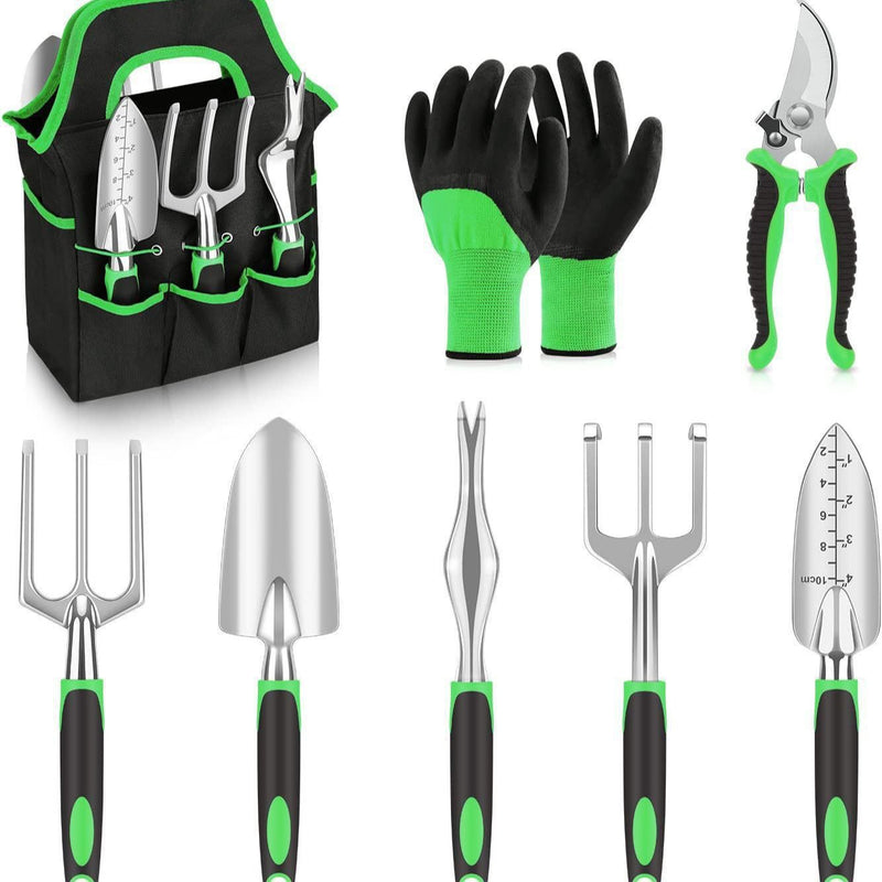 Juego de herramientas de jardín de aluminio con horca para raíces, cuchara, tijeras de poda y más - Herramientas de jardinería duraderas y multiusos para uso doméstico y profesional, esenciales para el jardinería|Diseño ergonómico|Construcción duradera