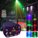Proyector de luz de escenario mini de hierro negro con patrones dinámicos rojos y verdes, alimentado por USB con sensor de infrarrojos, batería de botón no recargable, ideal para KTV, DJ, decoración de fiestas, compatible con Halloween, Acción de Gracias