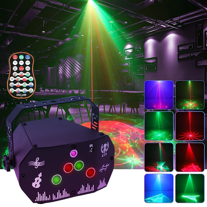 Proyector de luz de escenario mini de hierro negro con patrones dinámicos rojos y verdes, alimentado por USB con sensor de infrarrojos, batería de botón no recargable, ideal para KTV, DJ, decoración de fiestas, compatible con Halloween, Acción de Gracias