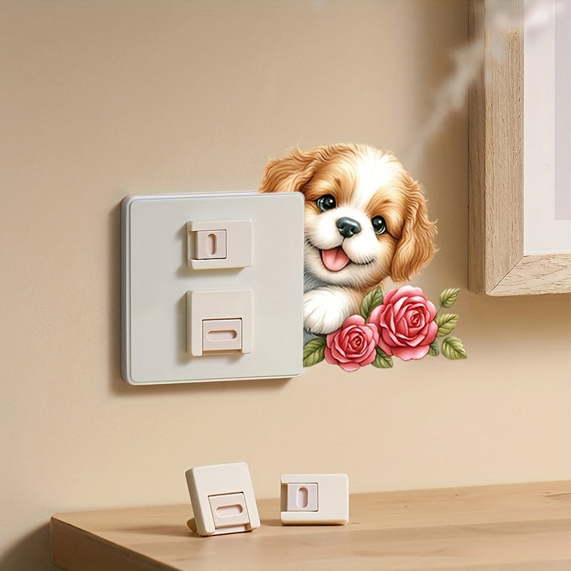 1 Adhesivo de interruptor de pared con cachorro adorable y rosas, divertido vinilo 3D, perfecto para dormitorio, baño, fácil de aplicar y quitar, decoración estética del hogar, decoración de la habitación, embellece tu hogar