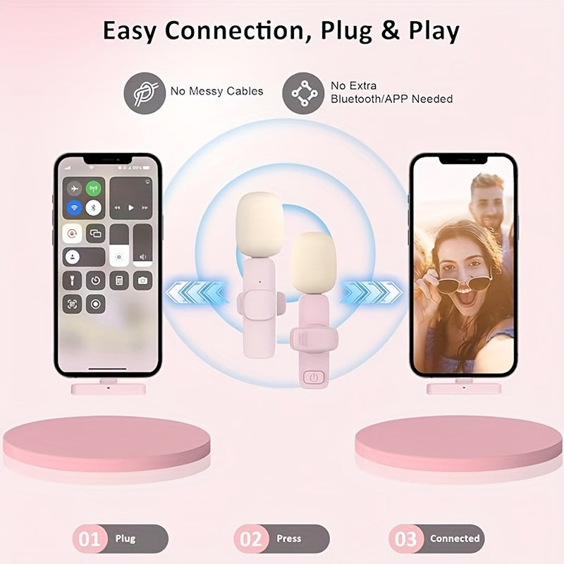 Microfono sin varillas profesional para solapa, compatible con iPhone y iPad - Micrófono de solapa sin varillas para grabacións de video, TikTok, entrevistas en YouTube, podcasts y vlogs - Mini micrófono móvil rosa, regalo ideal para festividades