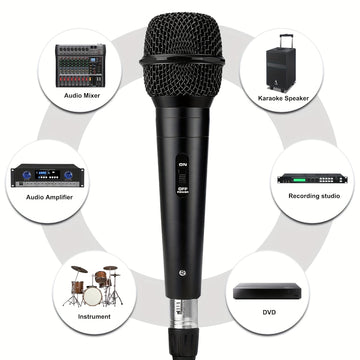 Micrófono Dinámico con Cable de Heikuding y Interruptor ON/OFF, Cable XLR de 298.7cm, Clip y Soporte para Karaoke, Altavoces, Fiestas y Actuaciones En Vivo