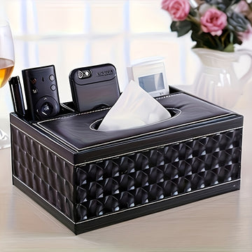 Soporte Elegante para Caja de Pañuelos de Cuero Sintético con Control Remoto y Organizador de Escritorio - Accesorio de Decoración Chic para la Sala de Estar
