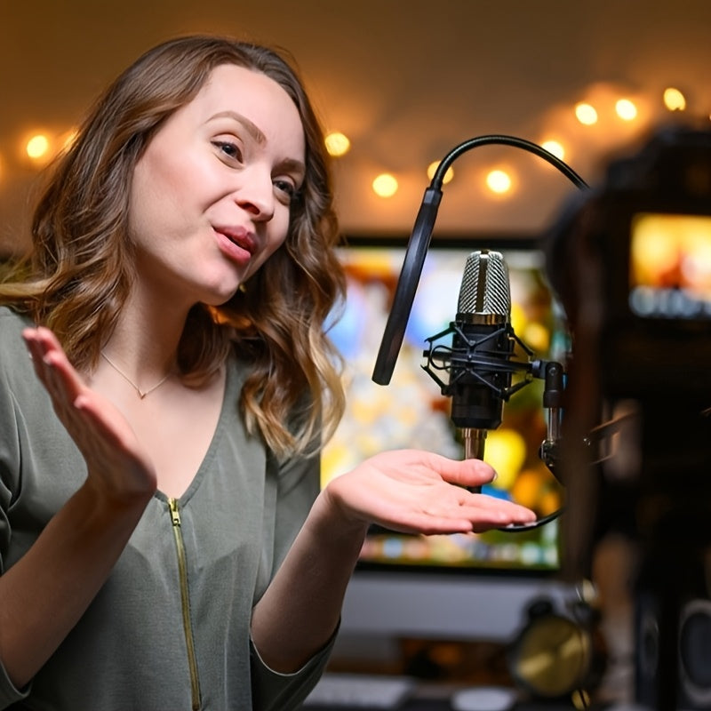 Filtra Pop Antiviento DOSLNLYA para Micrófonos con Reducción de Ruido y Brazo Ajustable 360° - Doble Capa de Absorción de Impactos, Accesorio Flexible para Estudio, Grabación, Transmisión en Vivo, Canto (), Mejora la Grabación Vocal, Diseño Flexiblizado