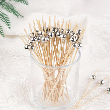 100 piezas de palillos de cóctel con cuentas plateadas espejadas y bolas espaciales, elegantes brochetas de bambú para fiestas, decoración de bares, frutas, pasteles y bocadillos