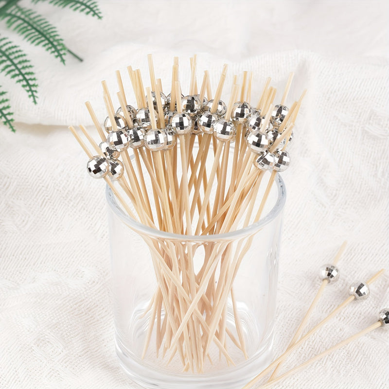 100 piezas de palillos de cóctel con cuentas plateadas espejadas y bolas espaciales, elegantes brochetas de bambú para fiestas, decoración de bares, frutas, pasteles y bocadillos