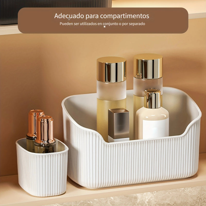 Caja organizadora de maquillaje plástica ligera, 1 pieza - Diseño elegante en blanco y gris, con múltiples compartimentos, para baño y tocador, sin necesidad de energía eléctrica, almacenamiento estético, fácil instalación