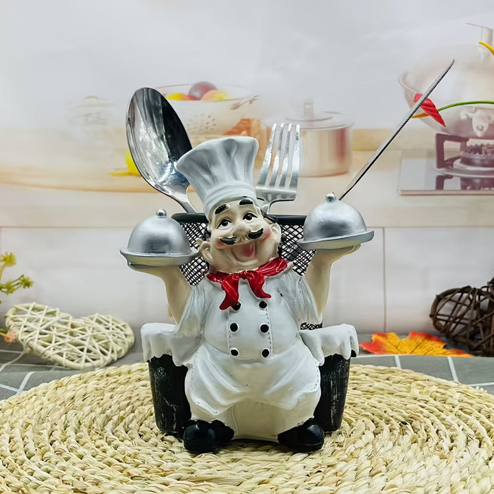 Organizador de cubiertos de acero inoxidable con forma de chef, soporte metálico pulido con doble almacenamiento para platos, decoración de cocina y comedor, 1 unidad