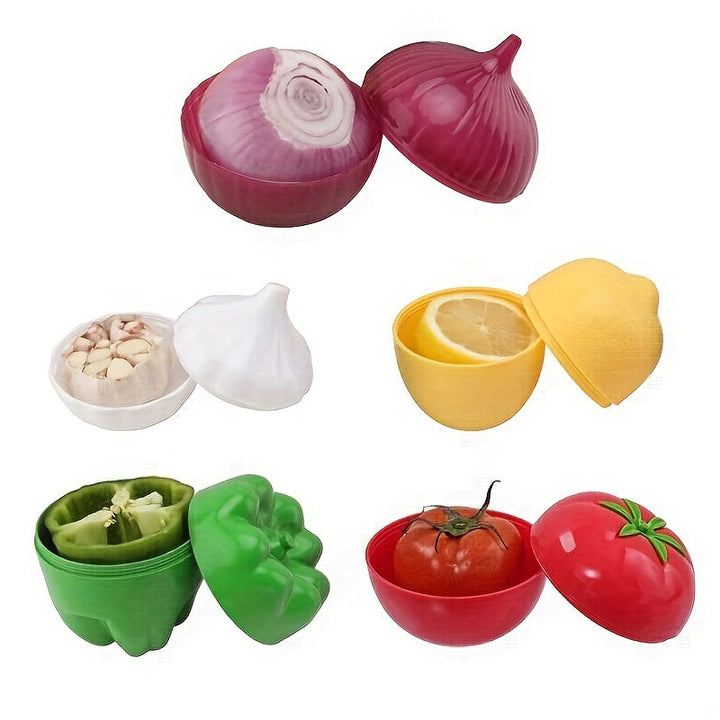 Juego de 5 contenedores de almacenamiento transparentes en forma de frutas y verduras, incluye cajas para limones, aguacates, tomates y cebollas, ideales para mantener los productos frescos en el refrigerador o congelador, esenciales de la cocina.