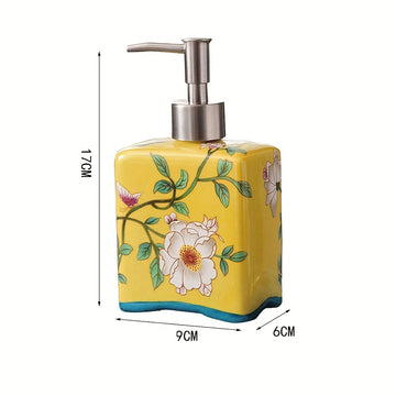 Dispensador de jabón vintage, práctico y recargable, estilo chino, contenedor de champú, porcelana floral, botella de jabón de cerámica antideslizante para el hogar