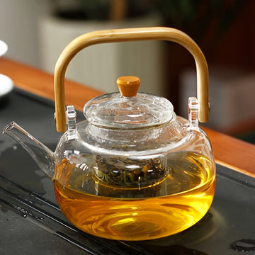 Tetera de vidrio con asa de bambú - Tetera de vidrio de borosilicato transparente de 34 oz con infusor extraíble, tetera de hojas sueltas resistente al calor