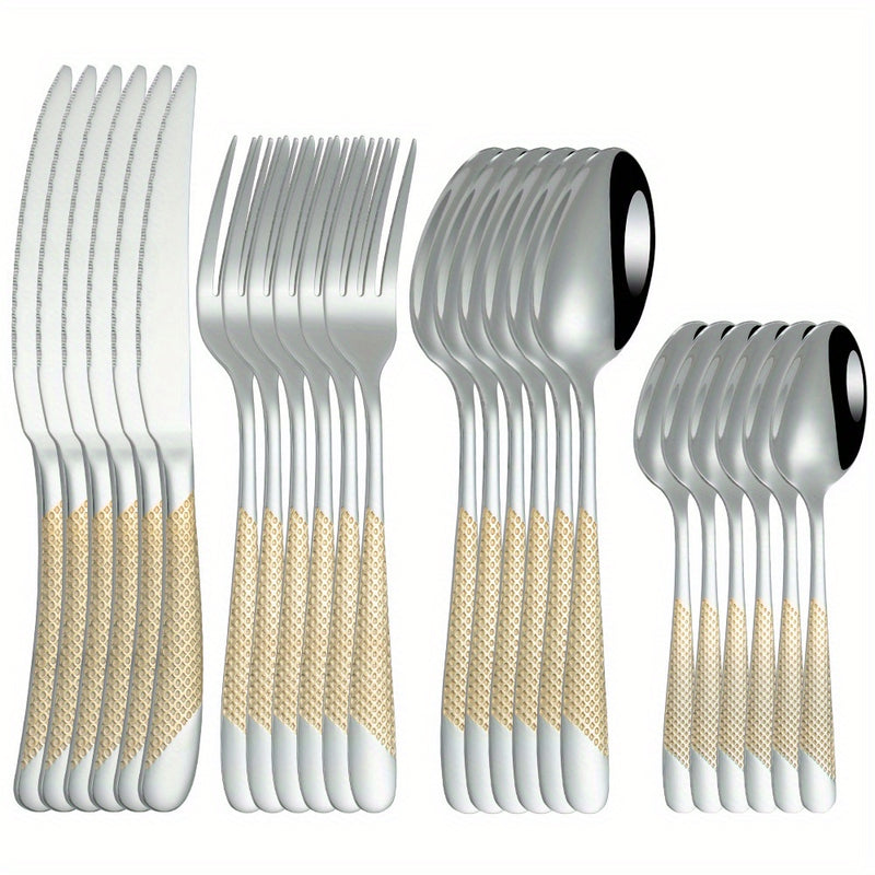 Juego de cubiertos de acero inoxidable con diseño de estrella, 24 piezas - Incluye cuchillo para carne, tenedor, cuchara y cuchara de postre - Ideal para hoteles y restaurantes
