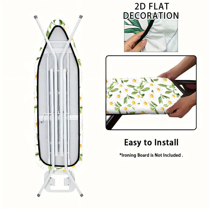 Funda de tabla de planchar 2D de diseño plano - Tamaño completo, relleno resistente al quemado, borde elástico, resistente, lavable en máquina - 1 pieza, blanco con patrón floral amarillo y verde, ideal para decoración de la habitación de lavado en casa,