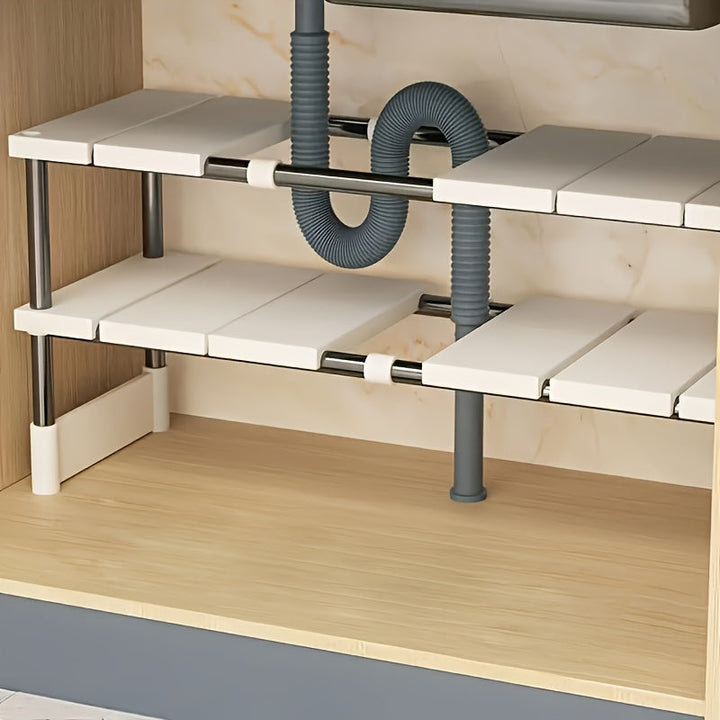 Estante de almacenamiento ajustable de acero inoxidable debajo del fregadero - Estante organizador de gabinete de cocina de un solo nivel/doble nivel, diseño no hueco, material de metal y plástico