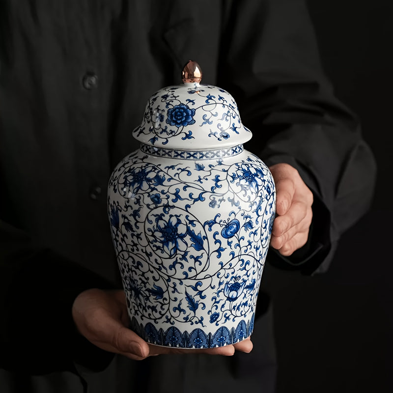 1pc Tarro de Almacenamiento de Cerámica de Porcelana Azul y Blanca Vintage con Tapa Abatible - Contenedor Redondo Multiusos para Granos de Café, Cereales, Comida para Mascotas - Lavado a Mano, Reutilizable, No Necesita Electricidad