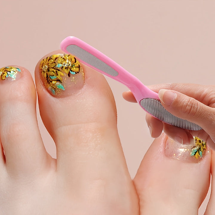 Lijadora de pies de acero inoxidable rosa brillante con agarre antideslizante - Ideal para eliminar la piel muerta y cuidar los pies | Diseño ergonómico | Herramienta duradera para el cuidado de los pies, herramientas para el cuidado de los pies