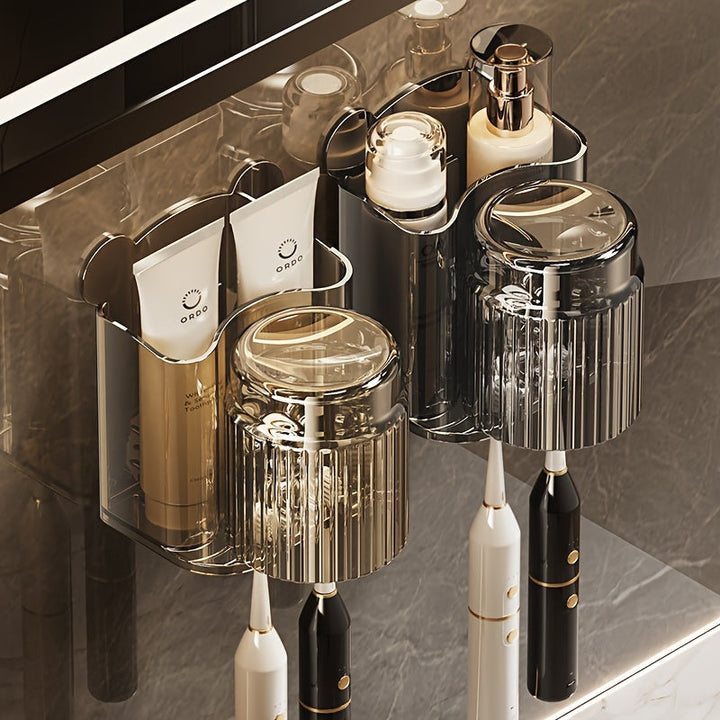 Soporte de Pared para Cepillo de Dientes y Vaso de Enjuague Bucal - Plástico Transparente, Organizador de Baño sin Taladro para Almacenamiento de Pasta Dental y Cepillos