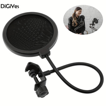 Filtro de Pop de Micrófono de Doble Capa con Cuello de Ganso Ajustable 360° - Ideal para Grabación Vocal y Transmisión en Vivo, Negro