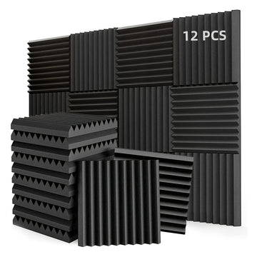 12 paneles de espuma negra de alta densidad para insonorización, 30.48 cm x 30.48 cm x 2.54 cm, retardantes de llama, reduce el ruido, recuperación rápida, ideal para oficina en casa, estudio, sala de conferencias y teatro