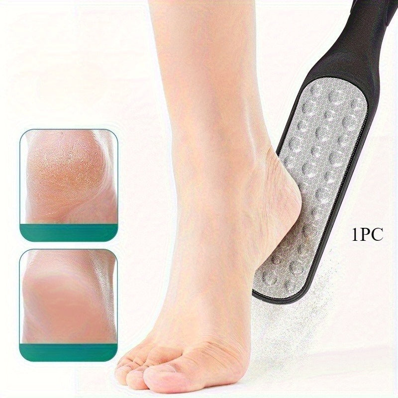 Un limpiador de pies de doble cara de acero inoxidable diseñado para áreas gruesas y delgadas, exfoliante y adecuado para piel seca y húmeda, ayuda a eliminar y lograr pies suaves, ideal para uso profesional de pedicura | Remover | Limpiador | Lijador de