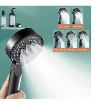 Cabezal de ducha de lujo ajustable en 5 posiciones con aumento de presión, diseño redondo negro montado en pared, acabado cepillado y núcleo de válvula de plástico duradero, para baños modernos y accesorios de ducha, soporte para cabezal de ducha, actual