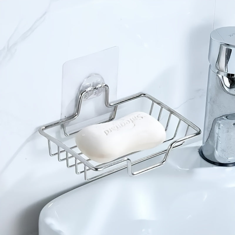 Jabonera de acero inoxidable para pared, sin taladro, repisa de baño negra, organizador de jabón, sencillo y práctico