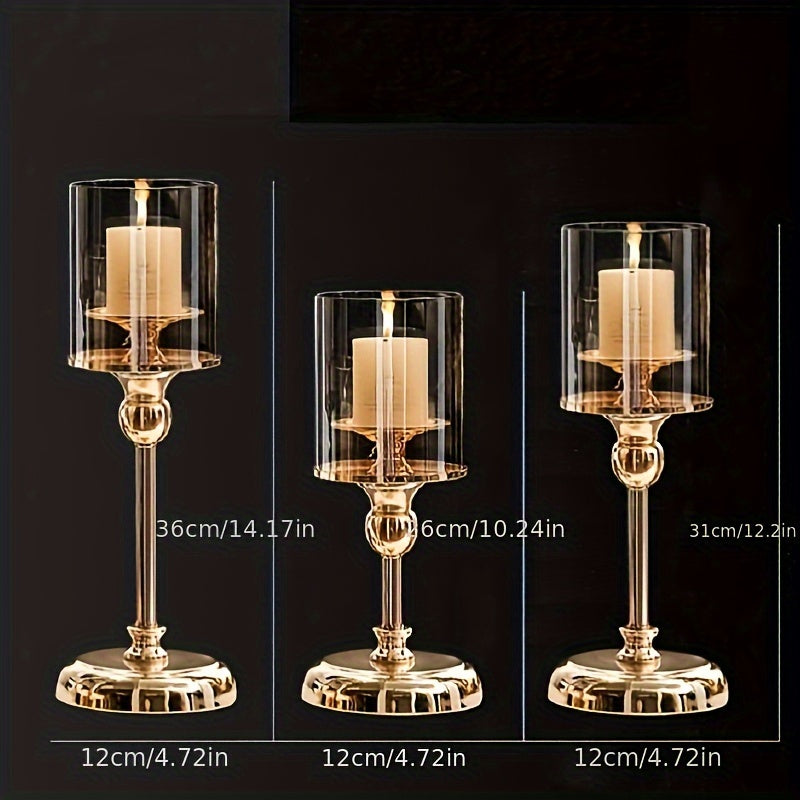 Juego de 3 candelabros de vidrio y metal dorado elegante - Acero inoxidable, diseño de mesa para cena romántica y decoración del hogar