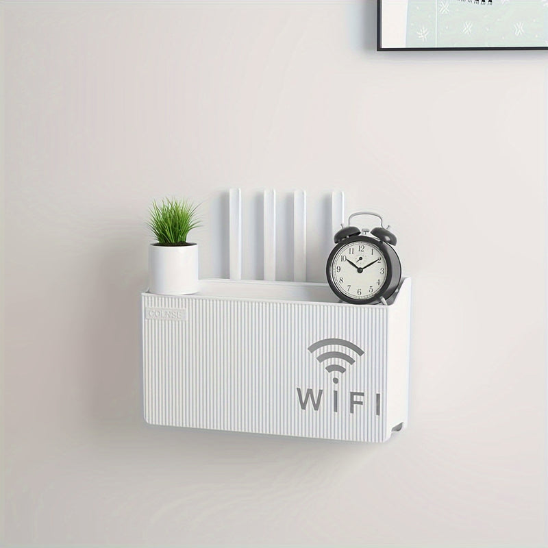 Estante organizador de plástico multiusos para router y decodificador de TV, montaje en pared sin taladro, con ganchos utilitarios para hogar u oficina