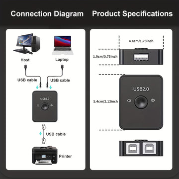 Conmutador USB 2.0 2 en 1 para Impresora, Selector LED de Compartición USB, Conmutador para 2 Computadoras con Teclado, Ratón y Escáner Incluye 2 Cables USB de 1 Metro, Compatible con Mac Windows Linux