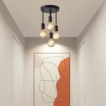 Lámpara de techo estilo industrial negra con 4 portalámparas E27, ideal para dormitorios, cocinas y pasillos, diámetro de 15 cm / 5.9 pulgadas. Verificar tamaño antes de comprar (focos no incluidos)