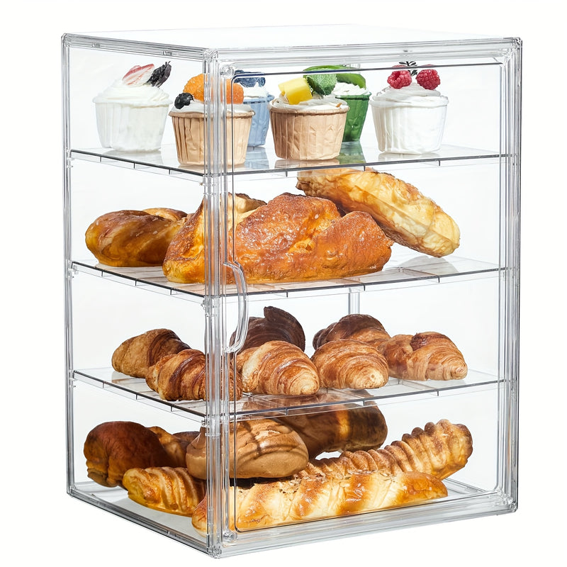 Caja de pan ajustable de 4 niveles - Contenedor de almacenamiento transparente de PET con puerta magnética, exhibidor de cocina hermético para pan, muffins, bagels y pasteles, soporte de pan de encimera | Diseño transparente | Hermético al mar