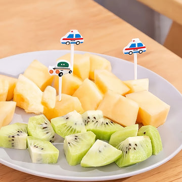6 piezas de tenedores de postre de vehículos de dibujos animados, picas de frutas de plástico para pasteles, divertidos diseños de coches y camiones para aperitivos y snacks de fiesta