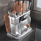 1pieza Porta cuchillos de acero inoxidable con bandeja de drenaje, estantería de almacenamiento de cocina de escritorio, tablero de corte multifuncional para cuchillo, tenedor y organizador de utensilios, resistente a la corrosión y ahorrador de espacio